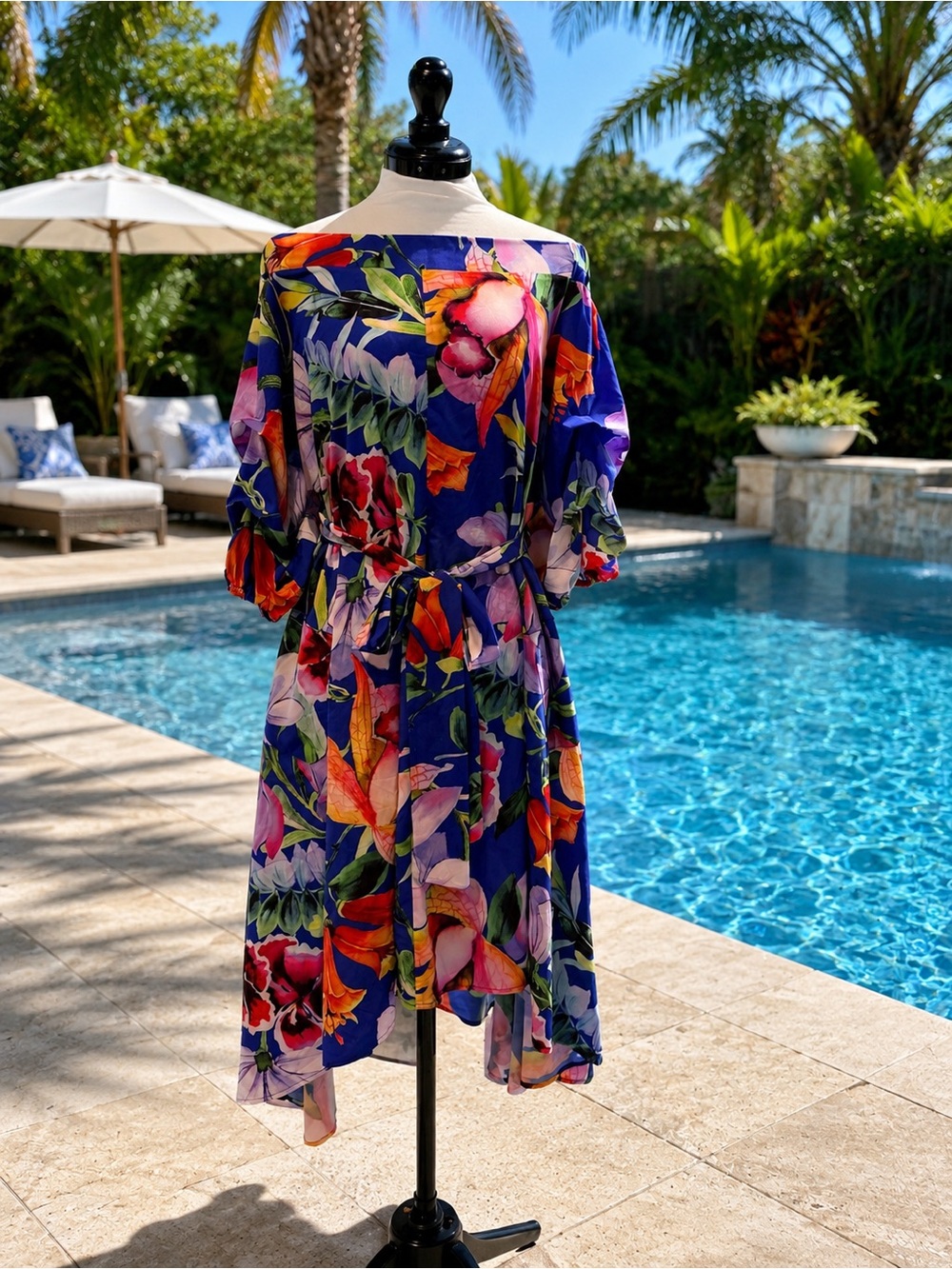 Joseph Ribkoff Blue Floral Wrap Dress with Multicolor Print Size 12 NWT